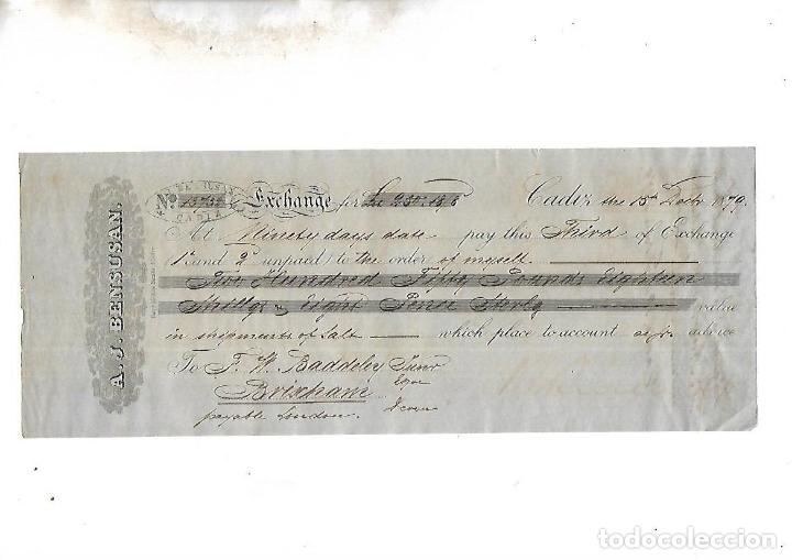 Documentos bancarios: LETRA DE CAMBIO. A.J.BENSUSAN. CADIZ. 1879 - Foto 1