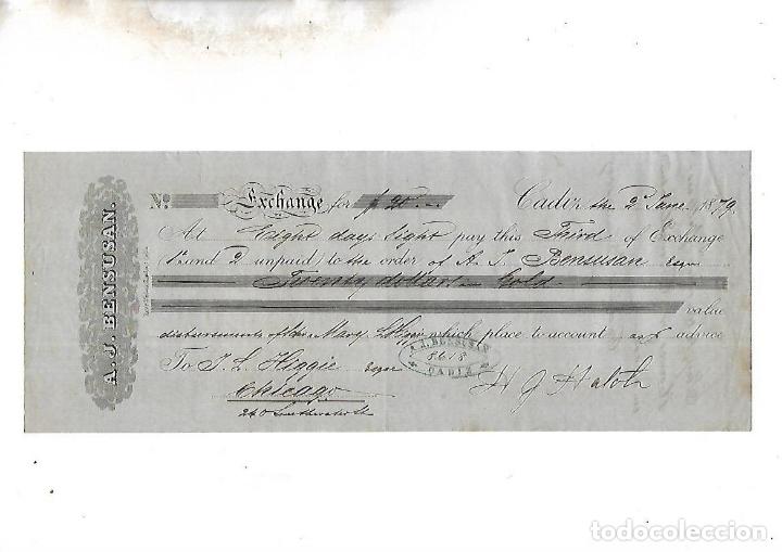 Documentos bancarios: LETRA DE CAMBIO. A.J.BENSUSAN. CADIZ. 1879 - Foto 1