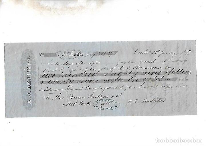 Documentos bancarios: LETRA DE CAMBIO. A.J.BENSUSAN. CADIZ. 1879 - Foto 1