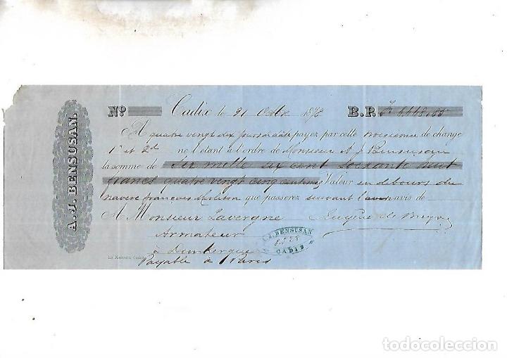 Documentos bancarios: LETRA DE CAMBIO. A.J.BENSUSAN. CADIZ. 1878 - Foto 1