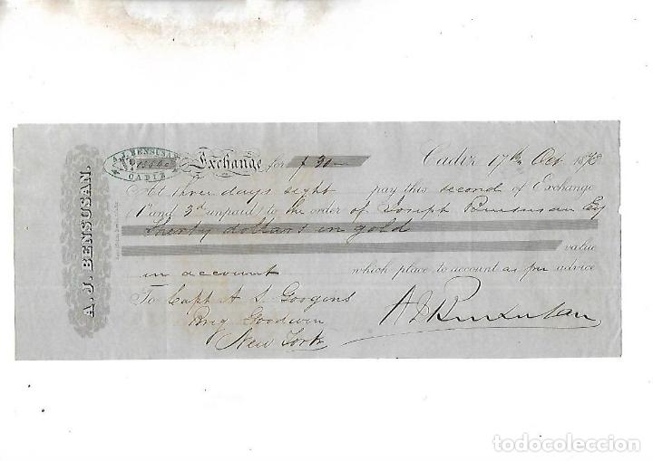 Documentos bancarios: LETRA DE CAMBIO. A.J.BENSUSAN. CADIZ. 1878 - Foto 1