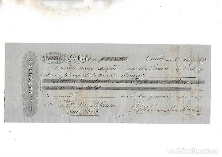 Documentos bancarios: LETRA DE CAMBIO. A.J.BENSUSAN. CADIZ. 1879 - Foto 1