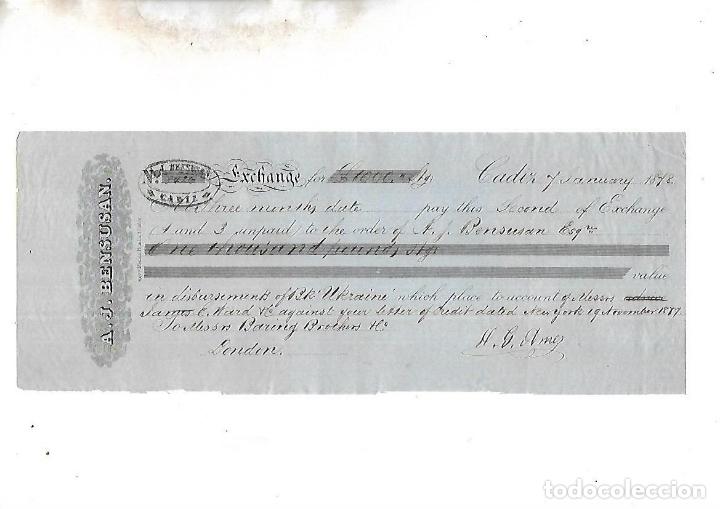 Documentos bancarios: LETRA DE CAMBIO. A.J.BENSUSAN. CADIZ. 1878 - Foto 1