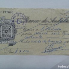Documentos bancarios: BANCO DE ANDALUCIA : CHEQUE AL PORTADOR . CADIZ, 1969