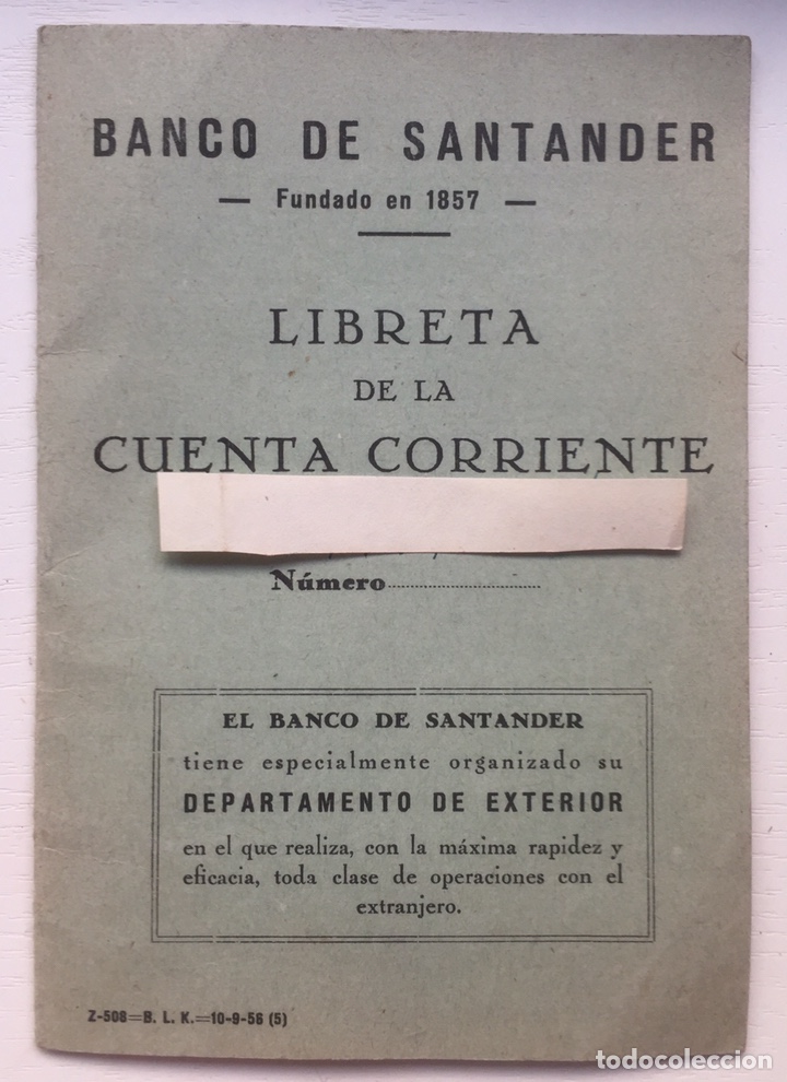 Documentos bancarios: Libreta de la Cuenta Corriente - Banco de Santander - A&ntilde;o 1957 - Foto 1