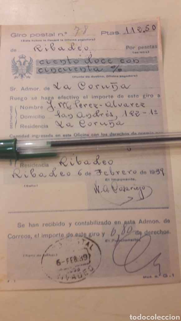 Documentos bancarios: Giro postal ribadeo Lugo 1939 - Foto 1