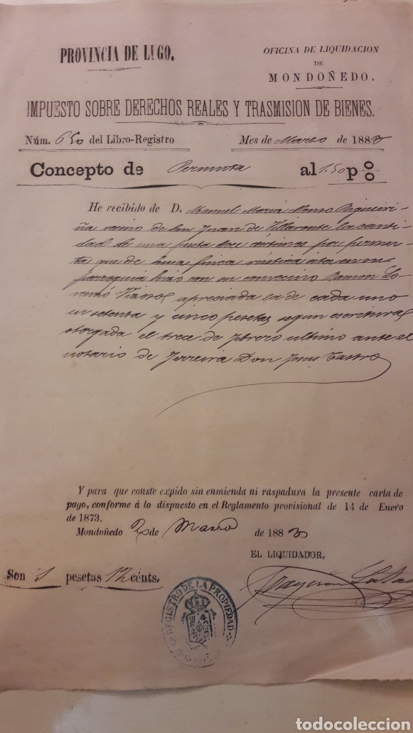 Documentos bancarios: 1883 Mondo&ntilde;edo Lugo impuestos - Foto 1