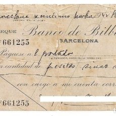 Documentos bancarios: CHEQUE - TALÓN BANCARIO AL PORTADOR - BANCO DE BILBAO - BARCELONA - AÑO 1942 - IMPORTE 5000 PTS