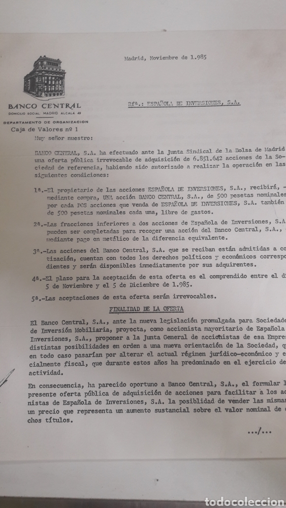 Documentos bancarios: 1985 Banco Central oferta acciones Madrid - Foto 1