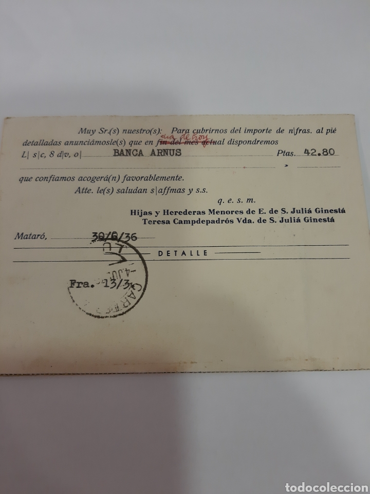 Documentos bancarios: 1936 Banco Arnus Mararo Julia Ginesta - Foto 2
