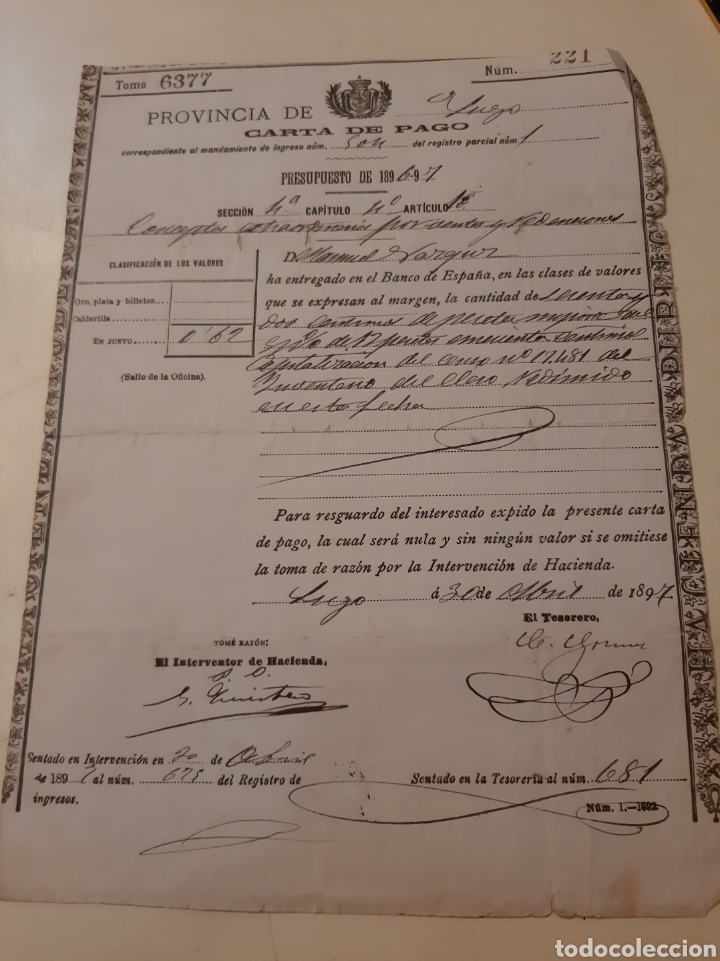 Documentos bancarios: 1897 carta pago ventas Banco Espa&ntilde;a - Foto 1