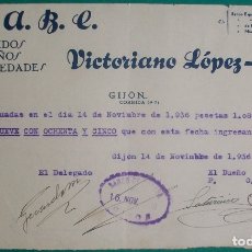 Documentos bancarios: ASTURIAS. INGRESO BANCARIO DE ALMACENES A.B.C. GIJÓN. 1936. GUERRA CIVIL. CON SELLO DEL BANCO ESPAÑA. Lote 173134373