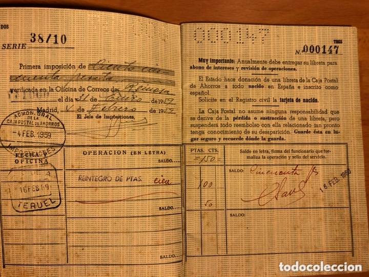 Documentos bancarios: Libreta corriente caja postal de ahorros 1959 - Foto 3