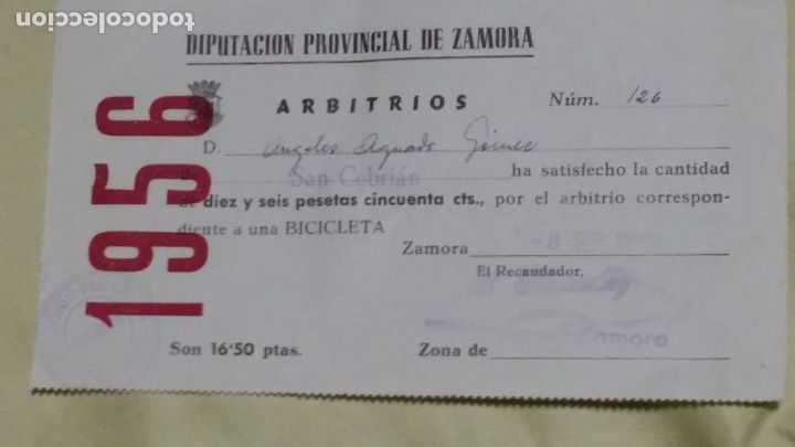 Documentos bancarios: RECIBO DE ARBITRIO A&Ntilde;O 1956 - Foto 1
