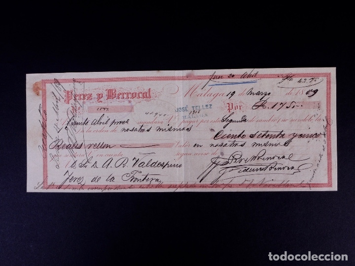 Documentos bancarios: P&Eacute;REZ Y BERROCAL. M&Aacute;LAGA 1889. LETRA DE CAMBIO - Foto 1
