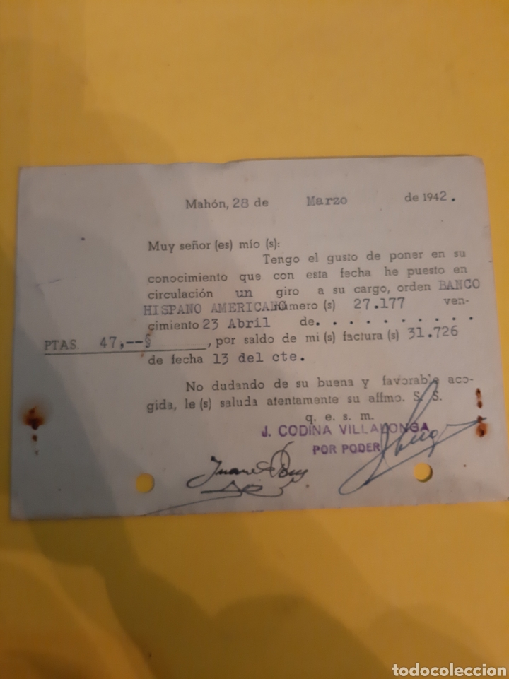 Documentos bancarios: 1942 Mahon J.Codina Villalonga - Foto 2