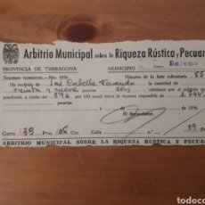 Documentos bancarios: ARBITRIO MUNICIPAL RIQUEZA RÚSTICA Y PECUARIA. SALOMÓ 1956. Lote 191652543
