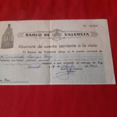 Documentos bancarios: DOCUMENTO DE ABONO EN CUENTA BANCO DE VALENCIA AÑO 1966. Lote 203982088