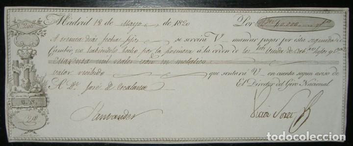 Documentos bancarios: Letra de Cambio: Expedida en Madrid y abonada en Santander (1820) - Foto 1