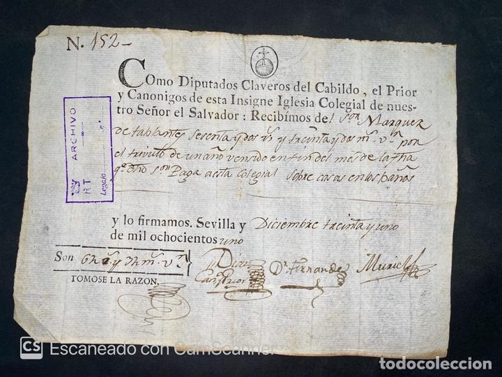 IGLESIA COLEGIAL DEL NTRO. SEÑOR EL SALVADOR. RECIBI POR IMPUESTOS DE CASAS. SEVILLA, 1801. VER (Coleccionismo - Documentos - Documentos Bancarios)