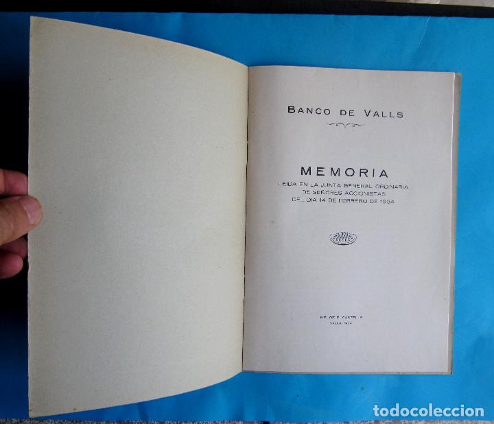 Documentos bancarios: MEMORIA BALANCE. BANCO DE VALLS. EJERCICIO, 1933. IMP. DE E. CASTELLS, VALLS. - Foto 2