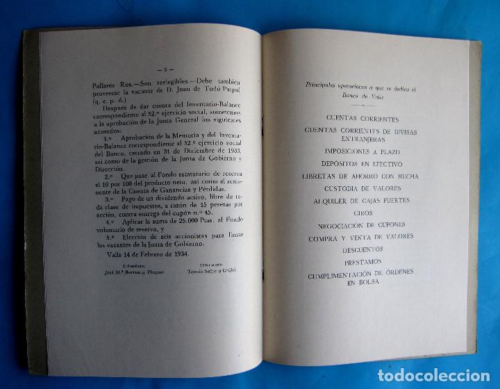 Documentos bancarios: MEMORIA BALANCE. BANCO DE VALLS. EJERCICIO, 1933. IMP. DE E. CASTELLS, VALLS. - Foto 3