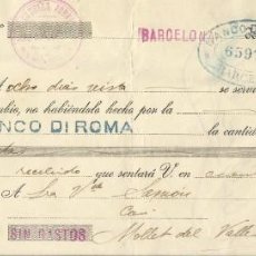 Documentos bancarios: LETRA DE CAMBIO. CLASE 16A. BANCO DI ROMA. MOLLET DEL VALLÉS. CRUELLS. 1916. SEGALÉS. SAMÓN. PALOU.