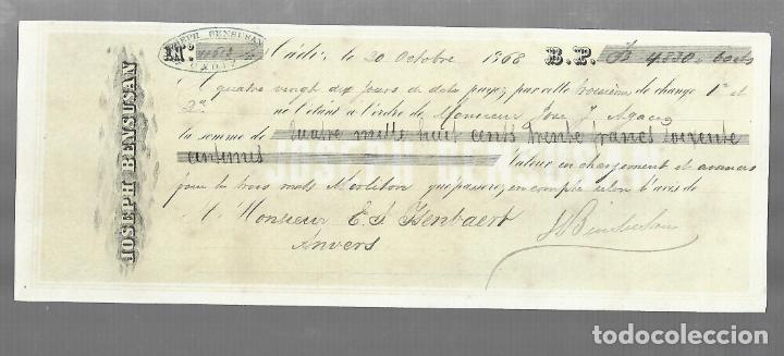 Documentos bancarios: LETRA DE CAMBIO. JOSEPH BENSUSAN. CADIZ. 1868 - Foto 1