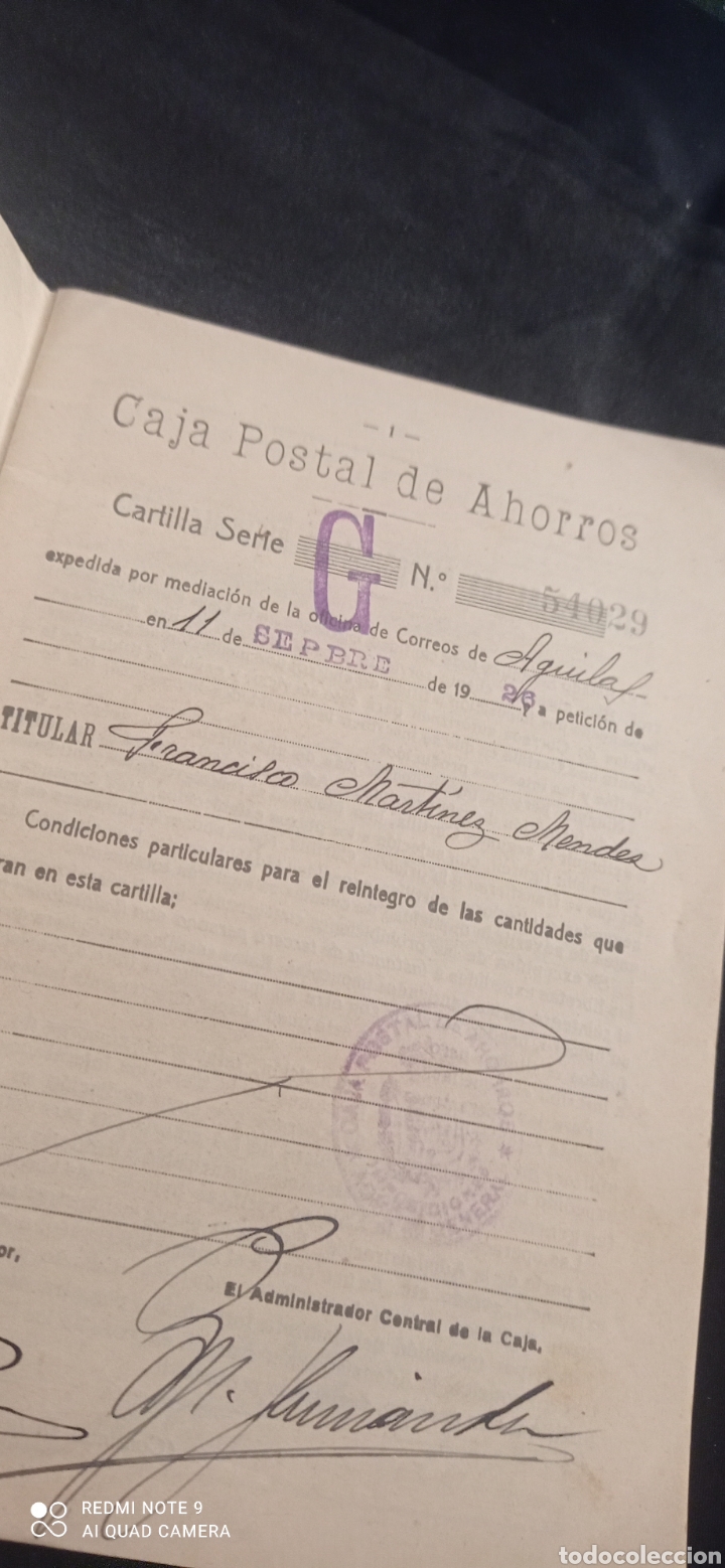 Documentos bancarios: ANTIGUA LIBRETA CAJA POSTAL DE AGUILAS 1926 - Foto 2
