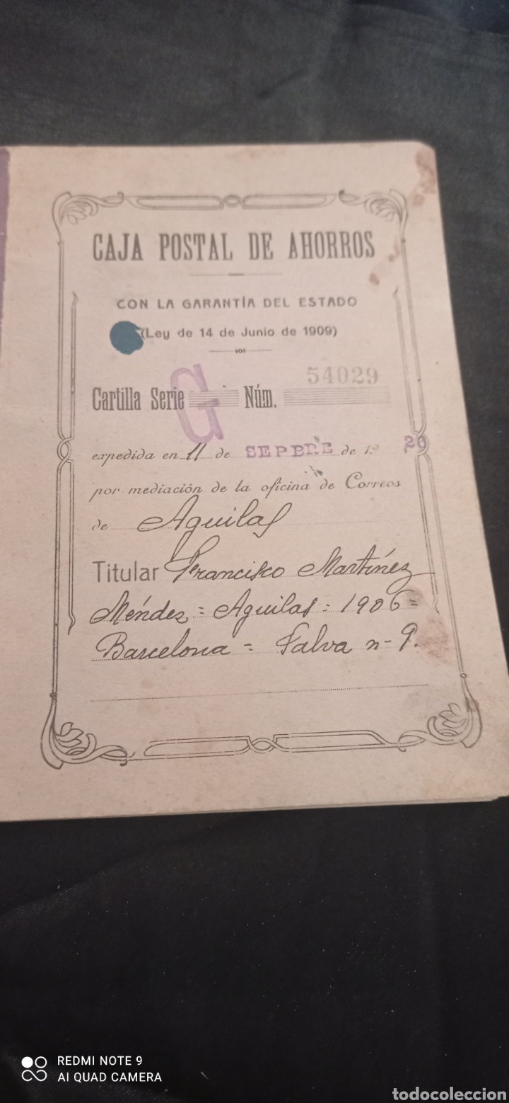 Documentos bancarios: ANTIGUA LIBRETA CAJA POSTAL DE AGUILAS 1926 - Foto 1