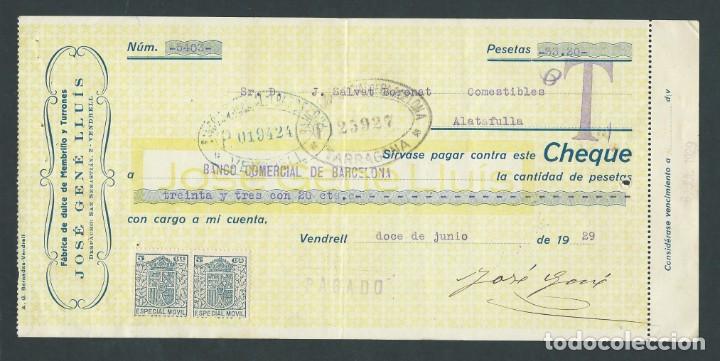 Documentos bancarios: antiguo cheque a&ntilde;o 1929 jose gene lluis el vendrell - Foto 1