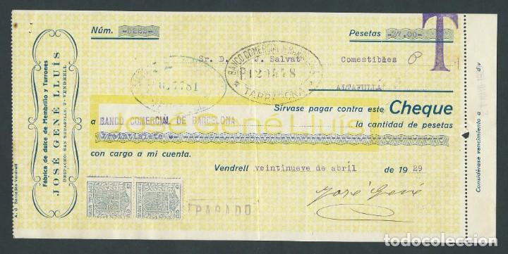 Documentos bancarios: antiguo cheque a&ntilde;o 1929 jose gene lluis el vendrell - Foto 1