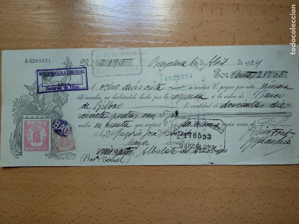 Documentos bancarios: LETRA CAMBIO AÑO 1924 BANCO AGRICOLA HIJAR TERUEL SELLOS ALBALATE ARZOBISPO - Foto 1 - 251153070