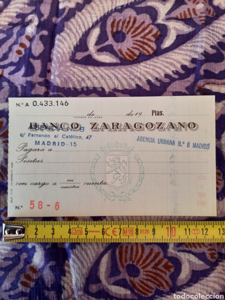 Documentos bancarios: Tal&oacute;n Banco Zaragozano cheque.