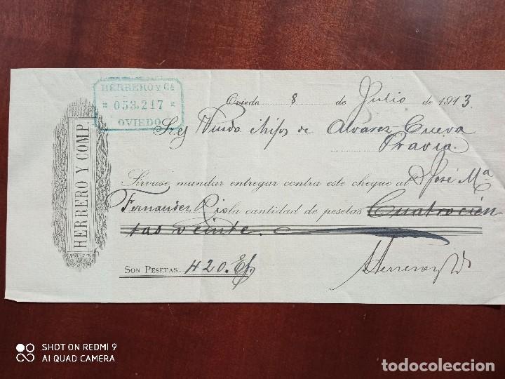 Documentos bancarios: CHEQUE BANCO HERRERO Y COMP. pravia 1913 - Foto 1