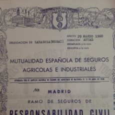 Documentos bancarios: PÓLIZA DE SEGUROS DE RESPONSABILIDAD CIVIL. MESAI, 1960.. Lote 276129198
