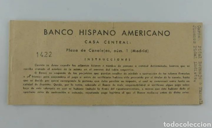 Documentos bancarios: ~ CARTILLA DE CHEQUES BANCO HISPANO AMERICANO ~ - Foto 1