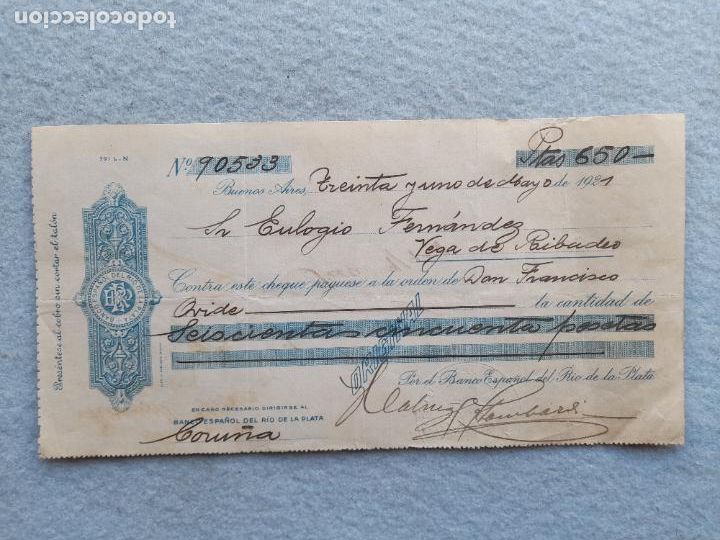 Documentos bancarios: Cheque. Banco Espa&ntilde;ol del Rio de la Plata. A&ntilde;o 1921. - Foto 1