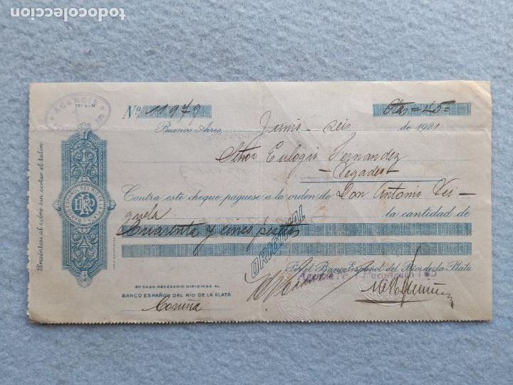 Documentos bancarios: Cheque. Banco Espa&ntilde;ol del Rio de la Plata. A&ntilde;o 1921. - Foto 1