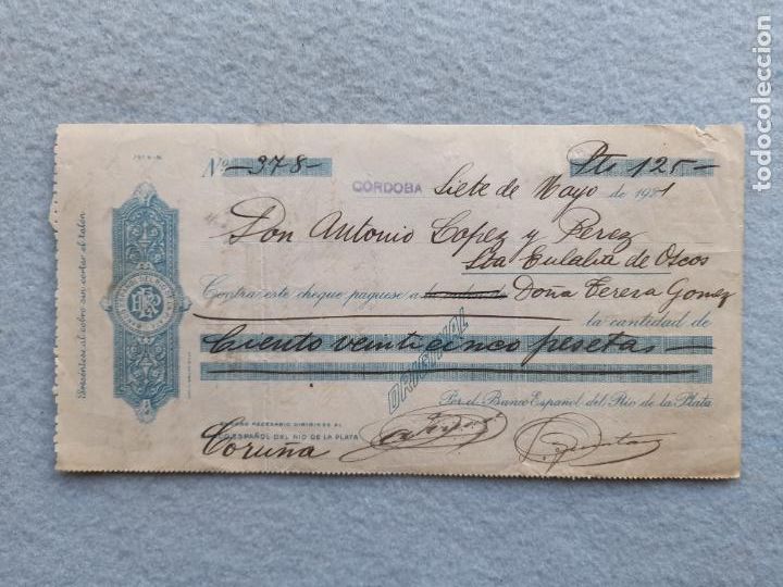 Documentos bancarios: Cheque. Banco Espa&ntilde;ol del Rio de la Plata. A&ntilde;o 1921. - Foto 1