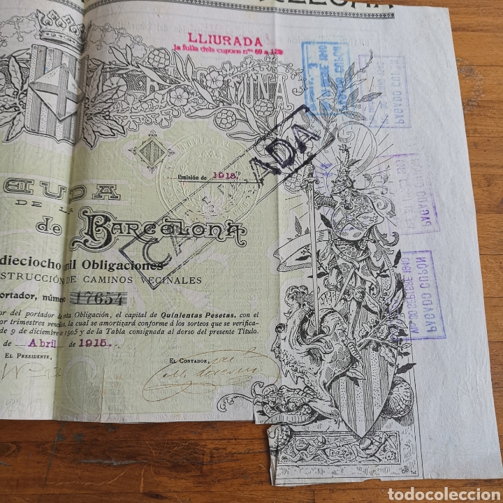 Documentos bancarios: Documento acci&oacute;n Deuda de Barcelona de 1915 - Foto 3