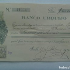 Documentos bancarios: RECIBO DEL BANCO URQUIJO. VIÑETAS CHEQUES Y AUXILIO NECESITADOS . SEVILLA, 1936. Lote 324176193