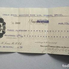Documentos bancarios: CHEQUE 15 PESETAS, 1934. MERCANTILE COMMERCE BANK AND TRUST COMPANY. Lote 324907488