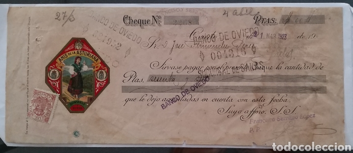 Documentos bancarios: CHEQUE ANTIGUO ANIS DE LA ASTURIANA 1923 - Foto 1
