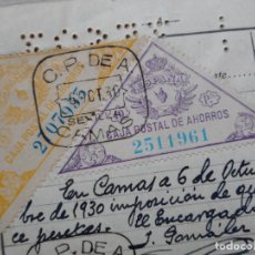 Documentos bancarios: ANTIGUA CARTILLA CAJA POSTAL AHORROS CAMAS SEVILLA 1930. SELLOS TIMBRE?. Lote 359121975