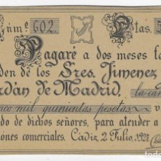 Documentos bancarios: -CADIZ.- PAGARE 2 MESES- SRES. JIMENEZ Y JORDAN DE MADRID- 2 JULIO 1927.- VER FOTOS. Lote 363500240
