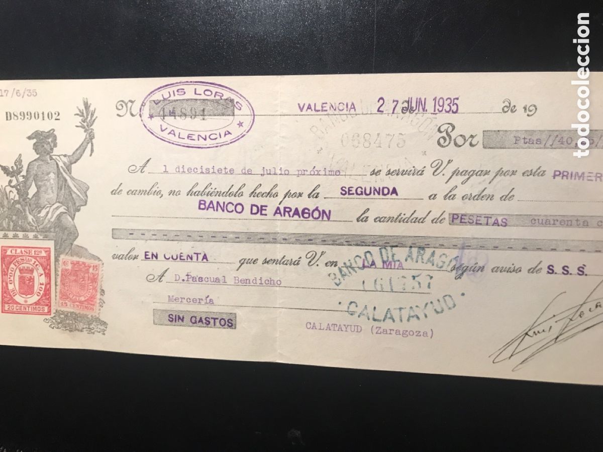 Documentos bancarios: letra de cambio 1935 VALENCIA LUIS LORAS n&ordm;42 - Foto 2