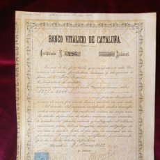 Documentos bancarios: 1881 CERTIFICADO DE 4 ACCIONES DEL BANCO VITALICIO DE CATALUÑA - MUY RARO. Lote 402212189