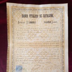 Documentos bancarios: 1881 CERTIFICADO DE 20 ACCIONES DEL BANCO VITALICIO DE CATALUÑA - MUY RARO. Lote 402213494