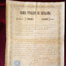 Documentos bancarios: 1881 CERTIFICADO DE 10 ACCIONES DEL BANCO VITALICIO DE CATALUÑA - MUY RARO. Lote 402213589